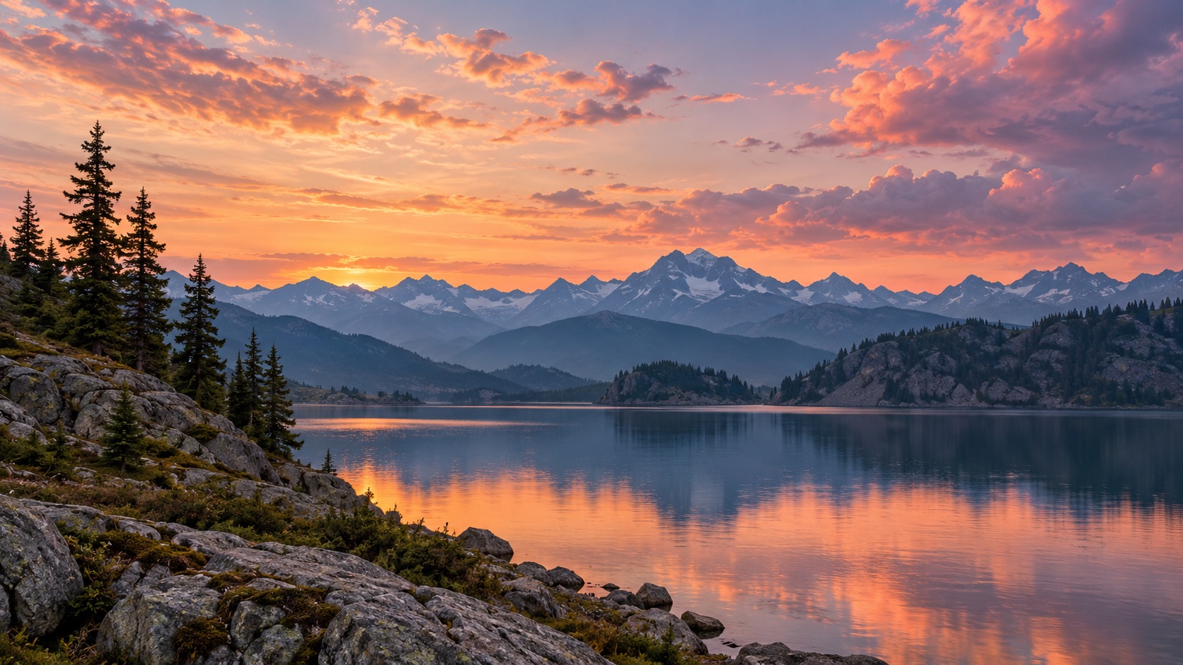 An atmospheric alpine lake at dusk